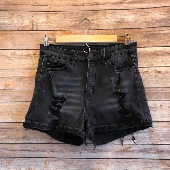 KanCan Distressed Black Jean Shorts Size 7/27 - Picture 1 of 4